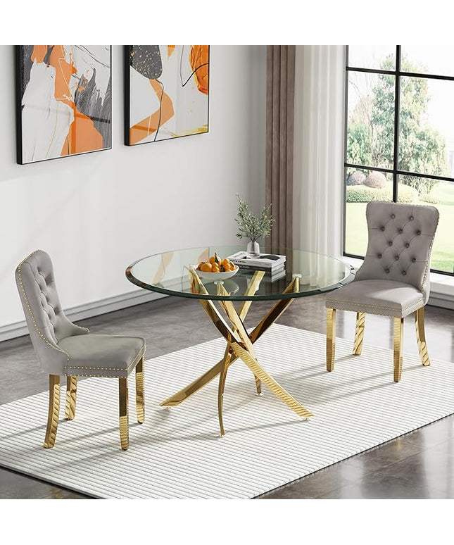 HomVent Round Glass Dining Table Set for 2, Modern Tempered Glass Kitchen Table Set and Chairs, Round Glass Dining Room Table Set for Kitchen (Gold, 36 inch Gold Table with 2 Grey Chairs)