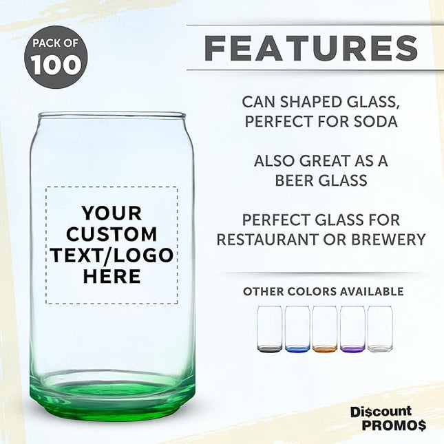 Custom Beer Can Glasses Set of 100, 16 oz. Pint Sized, Promotional Text, Logo, Soda Can Shape, Glassware, Green