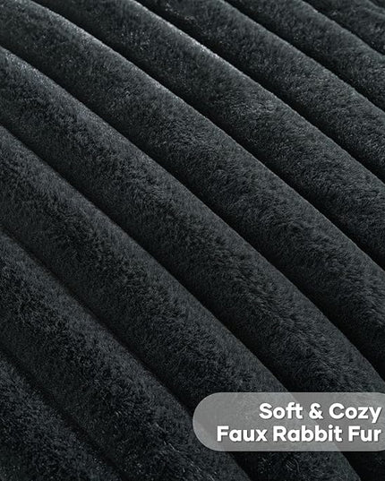 FUTEI Black Throw Pillow Covers Set of 2, 28x28 Inch Striped Texture Euro Pillow Shams with Soft Faux Rabbit Fur Front & Velvet Back, Modern Decorative Couch Pillows for Living Room