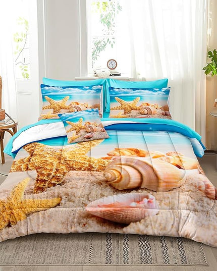 Bedbay Beach Comforter Set 8 Pieces Coastal Bedding Full Size in a Bag Beach Themed Bedding Set Shell Starfish Full Bed Set Soft Microfiber Ocean Comforter Set