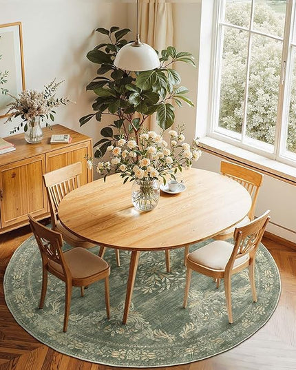 jinchan Round Rug 6ft Area Rugs Vintage Floral Distressed Design Machine Washable Soft Non-Slip Low-Pile Ultra-Thin Christmas Circle Rug for Living Room Dining Room Bedroom (6' Round, Dark Green)