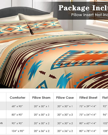 Comforter Set Queen Size, Southwest Western Geometric 7 Pcs Bedding for Kids and Adults, Mexico Stripe Turquoise Bed Sheet Sets with Fitted Sheet 2 Pillowcases & 2 Shams