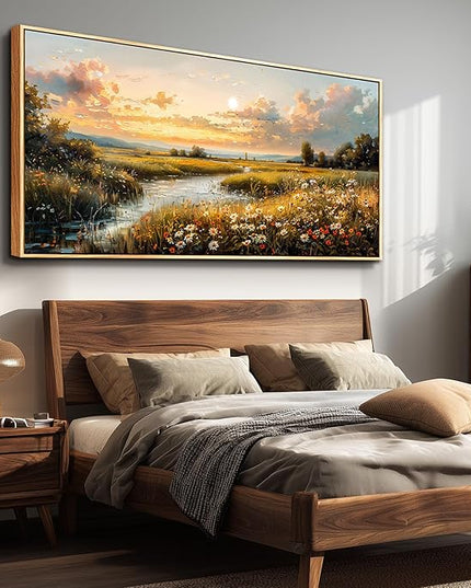 FUHAIHUA Large Wood Framed Wall Decor For Living Room Canvas Wall Art For Office Modern Wall Decorations For Bedroom Sunset Landscape Painting Farmhouse Pictures Artwork Room Home Decor 24x48 In