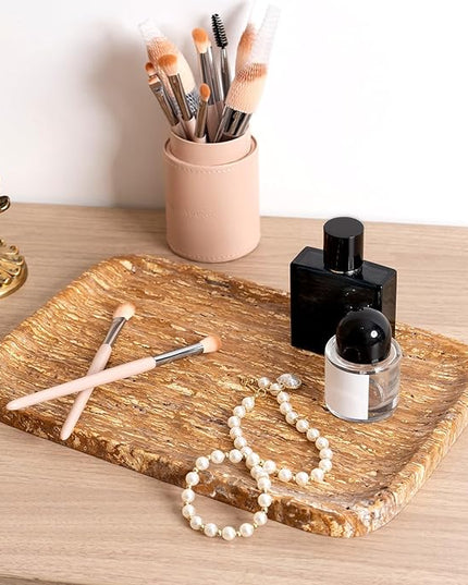 Natural Marble Vanity Tray, 11.8" Travertine/Stone Bathroom Tray Countertop, Golden Stone for Perfume Jewelry Holder, Decorative Dresser Organizer, Storage for Kitchen Sink(Walnut Traver)