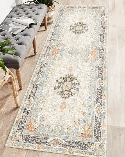 Washable Runner Rug 2x6,Vintage Rug Runners Non Slip,Long Boho Rugs for Hallways Kitchen Bedroom Entryway Living Room Bathroom,Bohemian Distressed Floor Carpet,Retro Blue Grey Floral