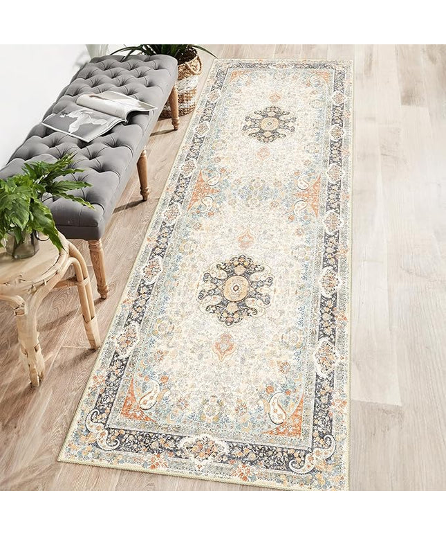 Washable Runner Rug 2x6,Vintage Rug Runners Non Slip,Long Boho Rugs for Hallways Kitchen Bedroom Entryway Living Room Bathroom,Bohemian Distressed Floor Carpet,Retro Blue Grey Floral