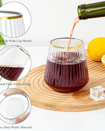 BESTSTAR 72 Pcs 12 oz Plastic Clear Gold Rim Ribbed Wine Glasses, Origami Ripple Disposable Champagne Glasses Elegant Whiskey Glasses Ideal for Weddings, Bars, Christmas, Pool Party, Daily Use