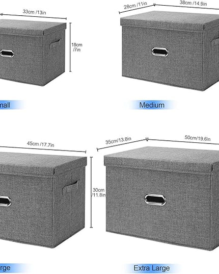Large Linen Fabric Foldable Storage Bins with Removable Lid and Handles, Washable Storage Box Organizer Containers Baskets Cube with Cover for Bedroom,Office(Black, Medium(2-Pack))