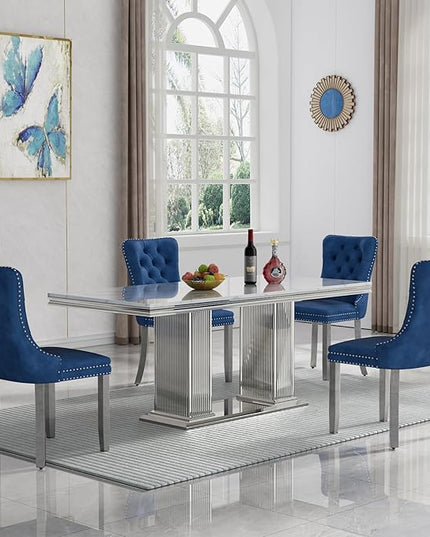 HomVent 68.11'' Faux Marble Dining Table Set for 4, Modern Rectangle Kitchen Table with Stainless Steel Base (Silver Table with 4 Blue Chairs, 5 Pieces)