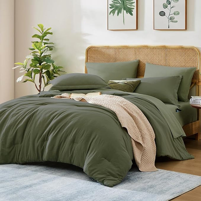 WRENSONGE Full Size Comforter Sets, 7 Pieces Olive Green Bed in a Bag with Fitted Sheet, Flat Sheet, 2 Pillow Shams, 2 Pillowcases, Warm Bedding Sets for All Season