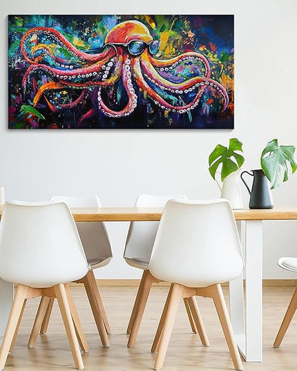 JEAWA Large Canvas Wall Art - Funny Octopus Wearing Sunglasses Modern Graffiti Texture Wall Painting for Living Room Bedroom Men Teenage Boy Room Game Room Cool Posters Decor 24x48 IN