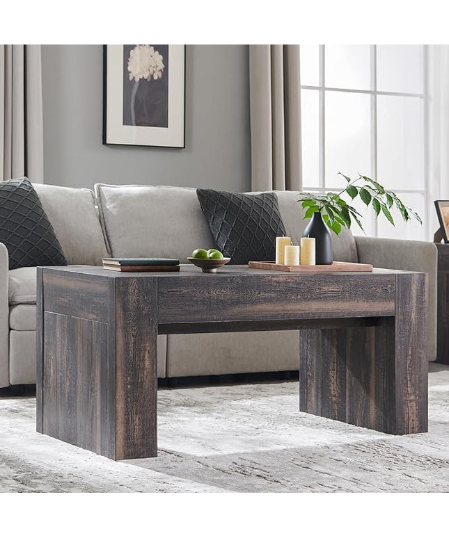 OKD 48" Modern Farmhouse Coffee Table, Wooden Living Room Table with Hidden Storage Drawer, Rustic Rectangular Center Tables w/Wood Thick Design for Living Room, Office, Dark Rustic Oak