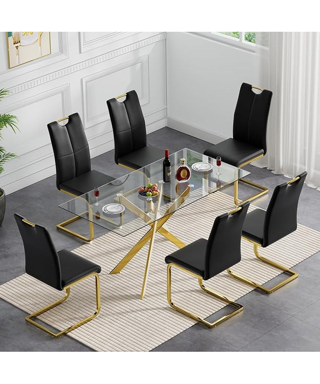 HomVent 7 Pieces Rectangular Glass Dining Table Set, Glass Kitchen Table Set for 6 Dinner Table Set with 6 PU Dining Chairs for Kitchen Dining Room