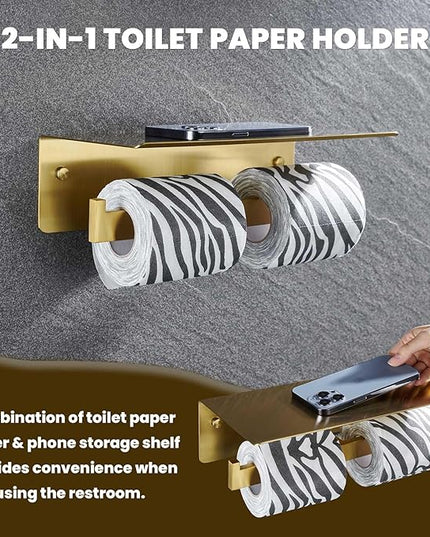 Suyar Toilet Paper Holder Brushed Gold, SUS 304 Stainless Steel Bathroom Double Toilet Paper Roll Holder with Shelf, Wall Mounted