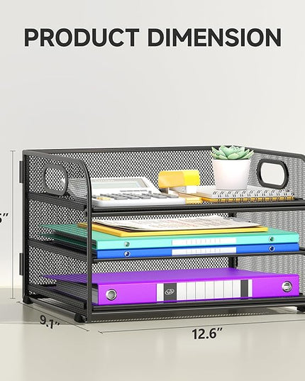 3 Tier Paper Organizer with Handle, Metal Desk Organizer Mesh Paper Letter Tray Desktop File Folder Document Sorter for Classroom, School, Office Accessories Organization and Storage - Black