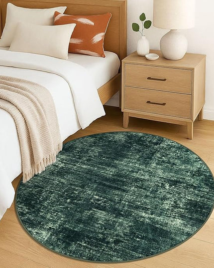 IOHOUZE Round Area Rug 5 Ft Circle Entryway Rugs Round Washable Door Mat Indoor Entrance, Non Slip Circle Front Door Rug, Printed Abstract Faux Wool Floor Carpet for Foyer Porch Sink, Dark Green