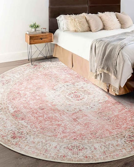 Pink Round Rug 6ft,Large Circle Area Rugs for Bedroom Living Room,Washable Boho Vintage Bohemian Distressed Oriental Floral Carpet Non Slip,Blush