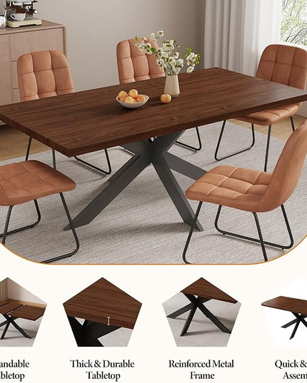 ZckyCine 63"-79" Extendable Dining Table, Modern Walnut Finish Table with Sturdy Metal Frame, Rectangular Kitchen Table for 6-8 People, Easy Assembly, Space-Saving Design
