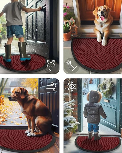 Smiry Half Circle Front Door Mat Outside Entrance,Heavy Duty Outdoor Indoor Natural Rubber Doormat,Non Slip,Trap Dirt and Moisture,Easy Clean,Low Profile Patio Porch Entryway Mat,29.5x17, Wine Red
