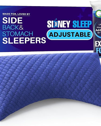 Sidney Sleep Pillow for Side and Back Sleepers - Comfort for Neck and Shoulder Pain - Adjustable and Customizable Shredded Memory Foam Filling - Queen Size - Additional Foam Fill Included (Blue)