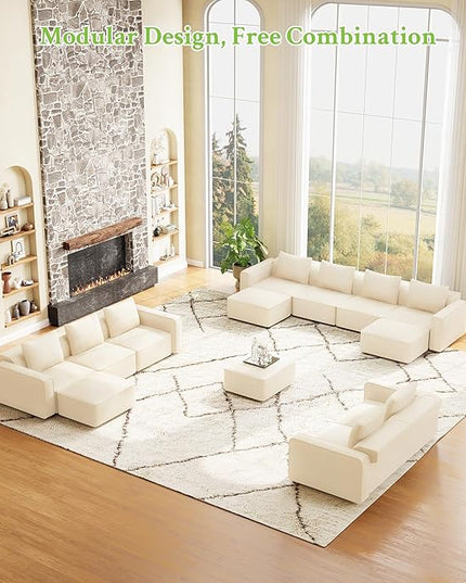 132" Sectional Couch, Locked-in Modular Sectional Sofa, Wood Frame Couches for Living Room, 22" Deep Seat U Shaped Couch with Ottoman Chenille Cloud Sofa Tool-Free Setup Sofas for Living Room