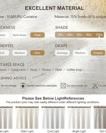 IVAPUPU Natural Pinch Pleated Full Blackout Curtains Linen Blend Room Darkening Window Curtains 84 inch 1 Panel for Living Room Bedroom Thermal Insulated Curtain Drapes with 12 Pcs Hooks 70''Wx84''L