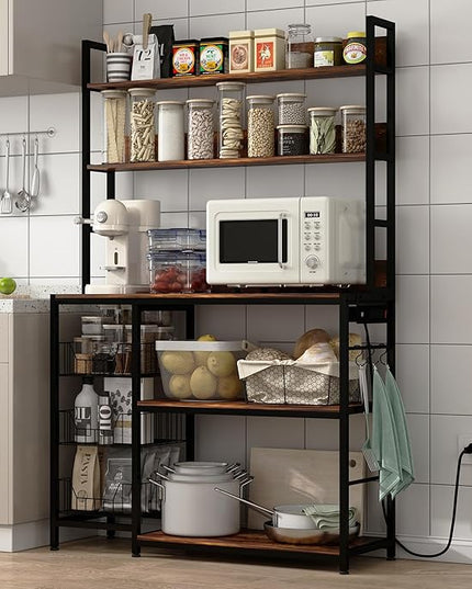 Baker Rack with Power Outlet,5-Tier Kitchen Utility Storage Shelf with Hooks,Microwave Oven Stand with Storage,Kitchen Shelf with Basket，Rustic Brown