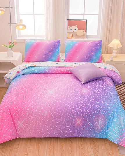 Rainbow Bedding Set Full Size – 6-Piece Reversible Girls Comforter with Deep-Pocket Sheet, Gradient Galaxy Design, Whole-Piece Filling, Machine Washable Bed-in-a-Bag for Kids Room Makeover & Gifts