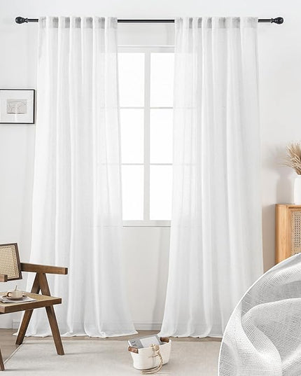 Greyish White Linen Sheer Curtains 90 Inches Long for Living Room 2 Panels Back Tab Rod Pocket Draperies Light Filtering Semi Boho Curtains for Bedroom Modern Farmhouse Cottage Decor 52x90 Inch Length