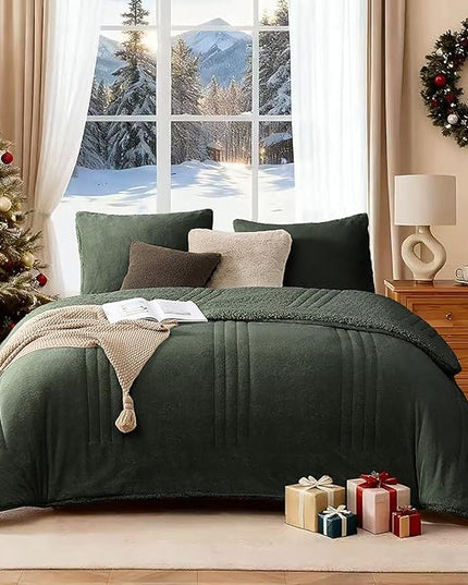 Monbix Fluffy Full Comforter Set Deep Forest, Sherpa Plush Fuzzy Comforter 3 Piece for Full Size Bed, Luxury Soft Winter Warm Bedding Set