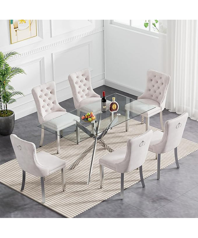 60.63in Rectangular Glass Dining Table Set for 6, Glass Kitchen Table and Chair Set for 6, Modern 7 Piece Dining Room Set with 6 Fabric Upholstered Chairs, Silver Metal Legs Home Kitchen Furniture