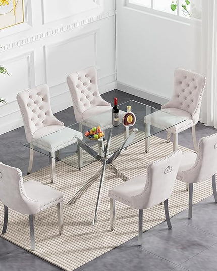 51" Glass Dining Table Set for 6, Modern Dining Room Table Set for 6, Silver X-Shape Pedestal Glass Table with 6pcs Beige Dining Chairs, 7 Piece Dining Set for Dining Living Room