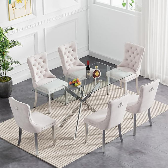 60" Glass Dining Table Set for 6, Modern Dining Room Table Set for 6, Silver X-Shape Pedestal Glass Table with 6pcs Beige Dining Chairs, 7 Piece Dining Set for Dining Living Room