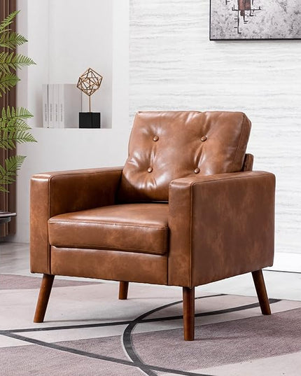 PU Accent Arm Chair with Tufted Back, Faux Leather Comfy Upholstered Single Sofa, Mid Century Modern Side Club Chair with Wood Legs for Reading/Living Room/Bedroom, Caramel