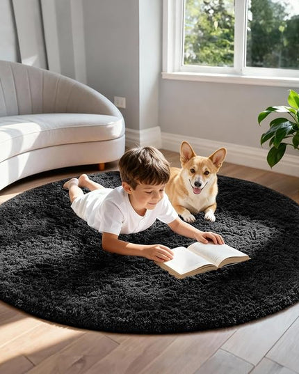 Ophanie Round Rug 5Ft Black Circle Area Rug, Room Decor for Men, Fluffy Fuzzy Bedroom Carpet, Plush Soft Shaggy Living Room Rugs for Kids Home Decor Aesthetic, Nursery