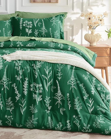 MUXHOMO Emerald Green Bed in a Bag Queen 7 Pieces, Queen Comforter Set Reversible Botanical Flowers Design, Ultra Soft & Breathable Bedding Sets with Comforter, Sheets, Pillowcases & Shams