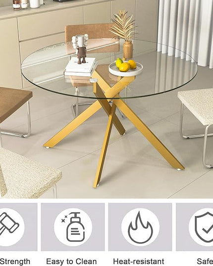 7 Piece Round Dining Table Set for 6, Modern Glass Kitchen Dining Room Table Set for 6, 47" Circle Gold Glass Metal Dining Table with 6 White PU Leather Dining Chairs for Kitchen Dining Room