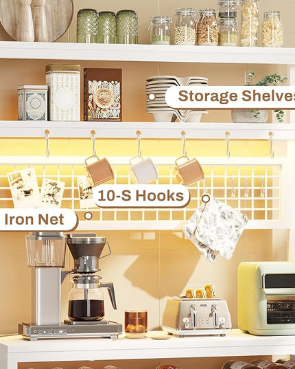 Itaar Bakers Rack with Power Outlet, 6-Tier Coffee Bar, Microwave Stand with Wine Rack, LED Lights and 10 Hooks, Bakers Racks for Kitchens with Storage, White