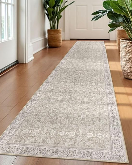 2x10 Washable Runner Rug for Kitchen, Cream Beige White Grey Soft Classic Runner with Non-Slip, Non-Shedding Distressed Floral Rug for Hallways Entryway Bedroom Laundry Indoor
