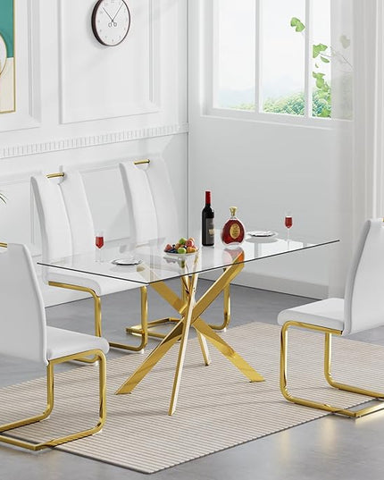 HomVent 5 Pieces Rectangular Glass Dining Table Table Set, Glass Kitchen Table Set for 4 with 4 PU Dining Chairs for Kitchen Dining Room