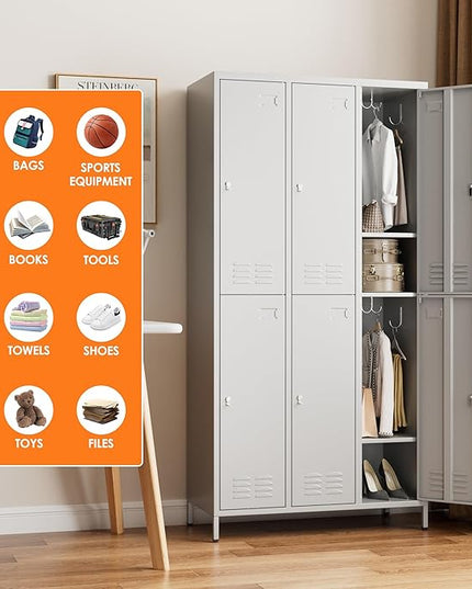 Aobabo Metal Locker for Employees, 6 Doors Metal Locker Cabinet with Lock, Industrial Storage with 18 Hooks, Storage for Office, Gym, Dormitory, Assembly Required, Light Grey