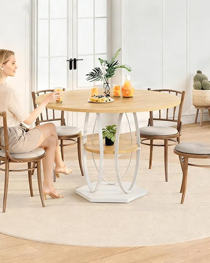 Round Dining Table for 4, 3-Tier Dinner Room Tables with Storage Shelf, Space Saving Small Kitchen Table, Farmhouse Dinner Table with Wooden Tabletop and Hexagonal Base (Wood, 42inch)