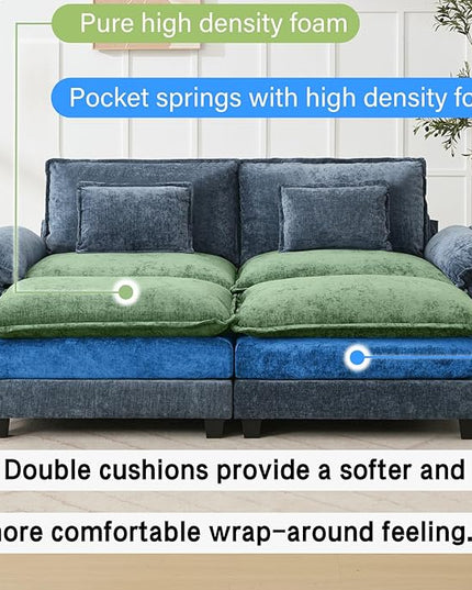 86" Modular Sectional Sofa, Comfy Cloud Couch Sectional Sofa with Ottoman, Chenille Sofa Sleeper Deep Seat Sofa with Throw Pillows for Living Room (Blue)