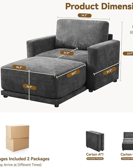 44.2" Chenille Oversized Chair with Movable Ottoman, Modular 1 Seat Couch with Thickened Cushions, Modern Single Sofa Chaise Lounge Reading Chair for Living Room, Small Apartment, Grey