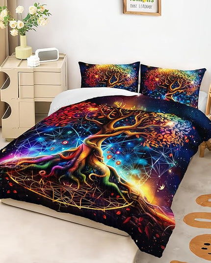 AILONEN Tree of Life Comforter Set Queen Size,Colorful Bohemian Tree of Life Bedding Set,Space Galaxy Starry Duvet Set,Plant Printed Boys Girls Comforter with 2 Pillowcases,3-Piece