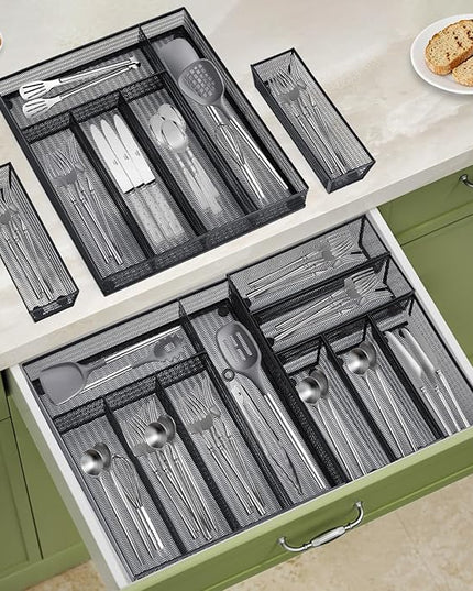 Neudeco Drawer Organizer Set 6 Pack - 5-Compartment Silverware Organizer Tray + 5 Utensil Trays, Kitchen Drawer Organizer for Flatware, Cutlery, Office Supplies, Black Mesh, Non-Slip.