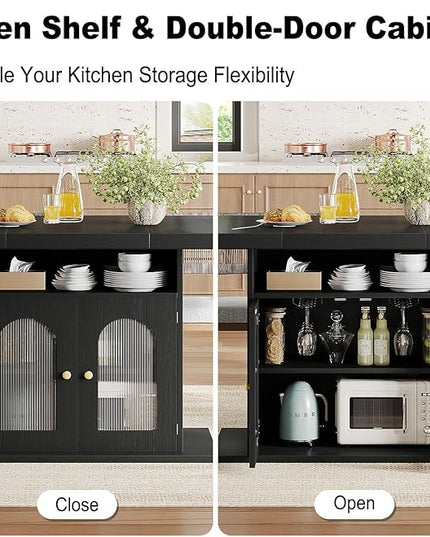 HSH Black Dining Table for 4 to 6, Modern Kitchen Dining Room Table with 3-Tier Storage Shelf and Acrylic Door Cabinet, Rectangular Wooden Dinner Tables for Home Kitchen Living Room, Black Oak，63 in
