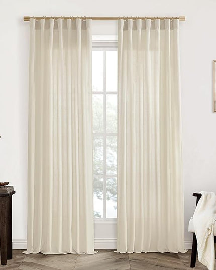 XTMYI Beige 100 Inches Long Country Curtains for Living Room,Sheer Linen Shabby Chic Curtains for Bedroom,50 Inches Wide