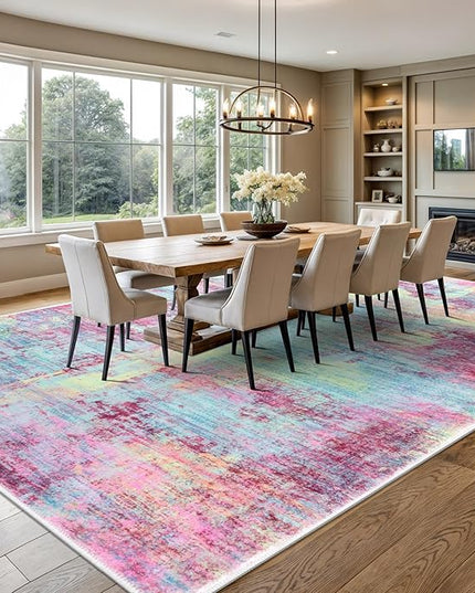 IOHOUZE Abstract Area Rugs 9x12 Ft Washable Large Rugs for Living Room, Non Slip Dining Room Rug, Printed Faux Wool Rugs for Bedroom, Floor Carpet for Office Nursery Playroom, Pink Teal