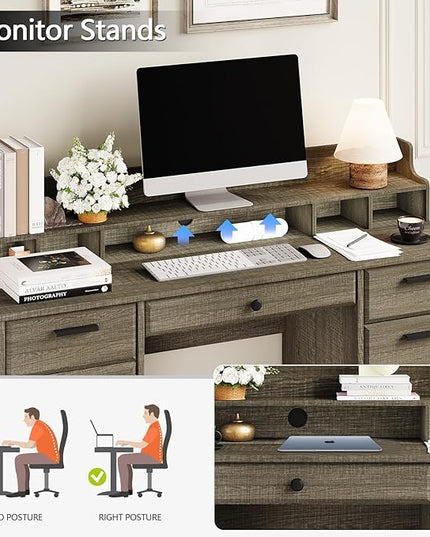 58 Inch Executive Desk with File Drawers, Computer Desk with Storage, Rustic Desk with Adjustable Shelves, Office Desk with Hutch for Bedroom, Grey